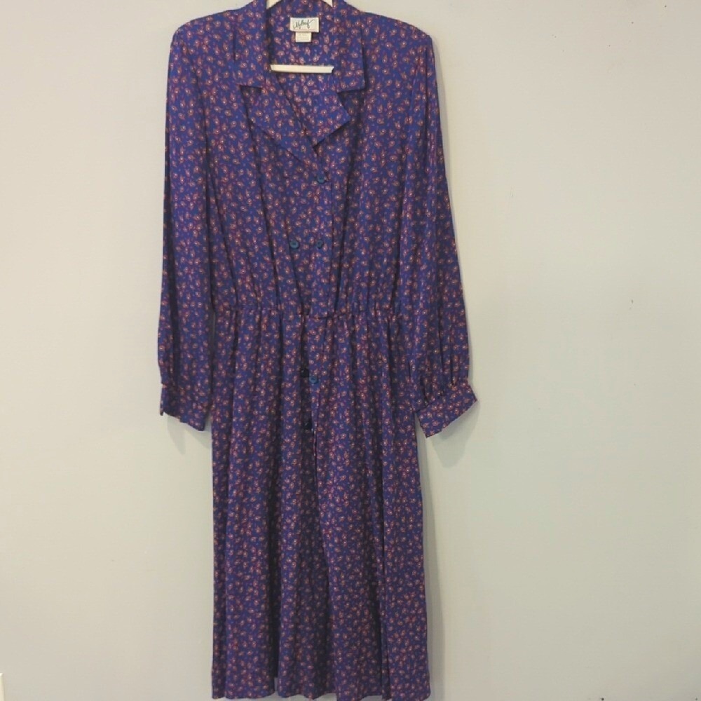 Vintage Midi‎ Dress 14 Tall Blue Paisley Long Sleeve Button Front